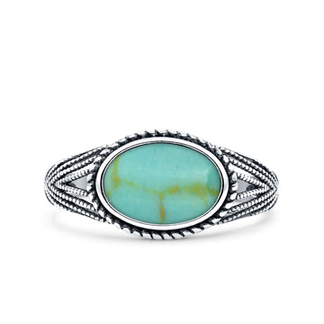 Vintage Style Petite Dainty Lab Opal Ring Solid Oval Oxidized Simulated Turquoise 925 Sterling Silver